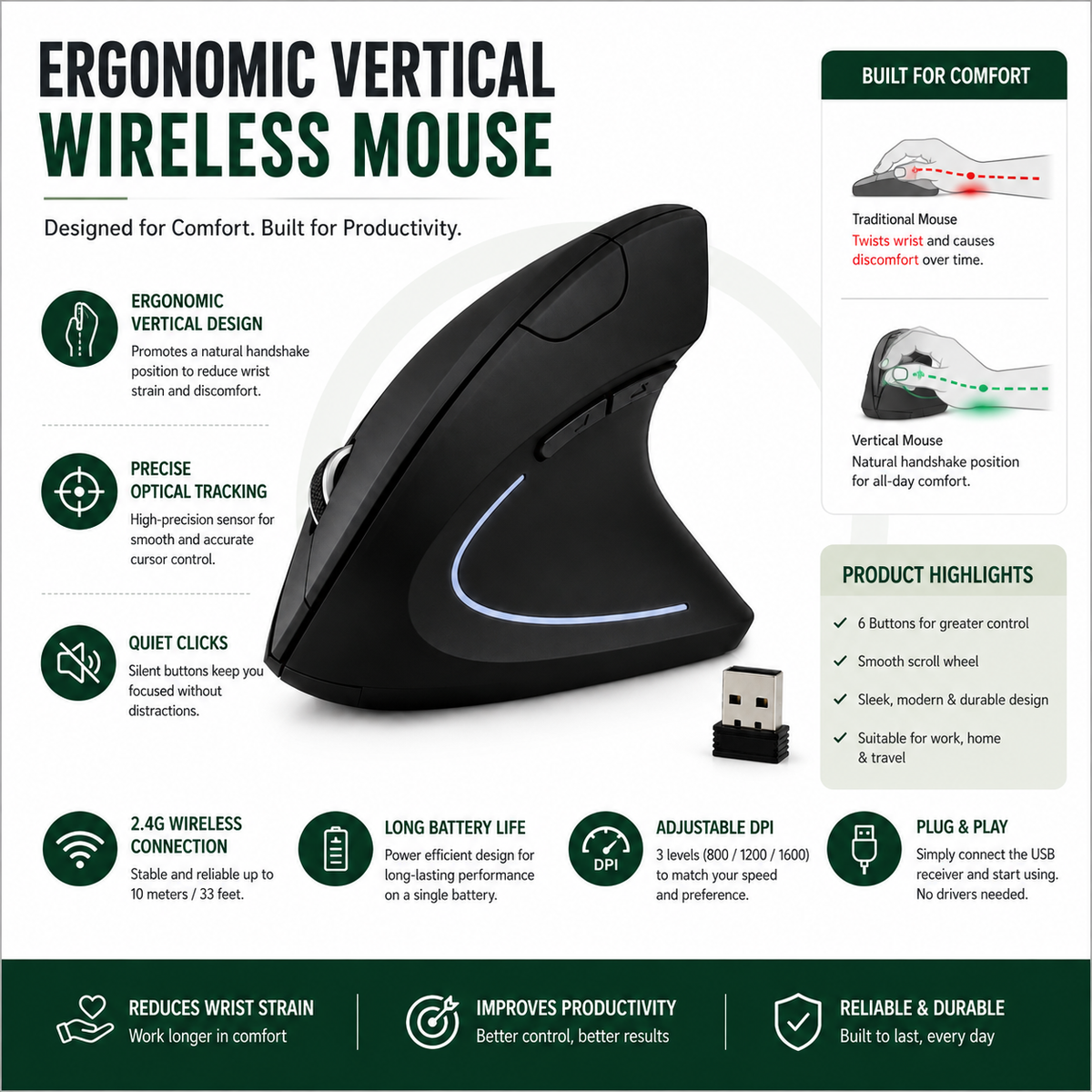 RGB Wireless Ergonomic Vertical Mouse – Comfortable Wrist Support